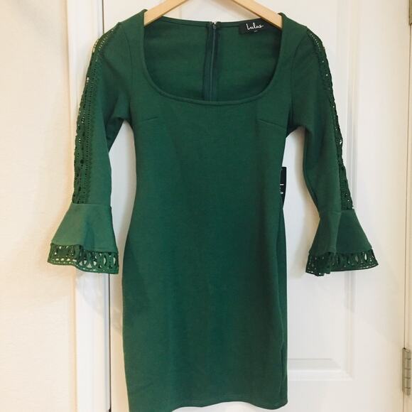 LULUS Emerald Green Bell Sleeve Mini Bodycon Cutout Dress XS Fitted NEW - Picture 5 of 11